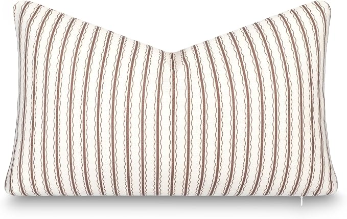 Modern Farmhouse California Casual Indoor Outdoor Lumbar Pillow Cover, 12"x20" Water Repellent for Patio, Backyard, Couch, Poolside, Cocoa Brown Print Wave Stripes