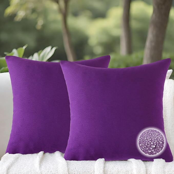 Outdoor Throw Pillows with Inserts, Waterproof Pillows for Outdoor Seating, Square Decorative Garden Cushion for Patio Furniture, Bed, Couch, Sofa(Purple, 20" x 20" (Pack of 2))