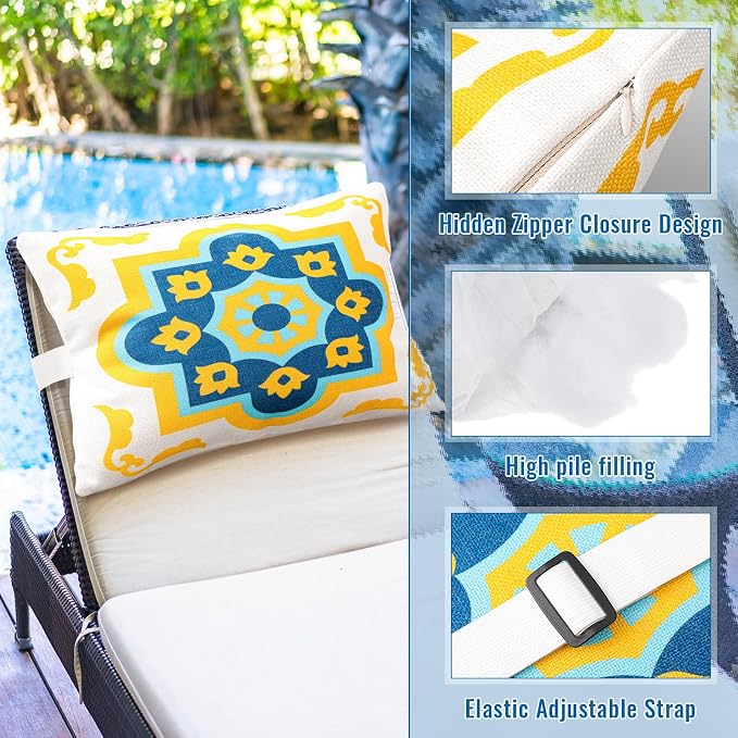 Juexica 4 Pack Chaise Lounge Headrest Pillow, Decorative Outdoor Patio Neck Headrest Pillow with Adjustable Elastic Strap & Insert, Waterproof for Pool Recliner Hammock Beach Chair(White, Floral)