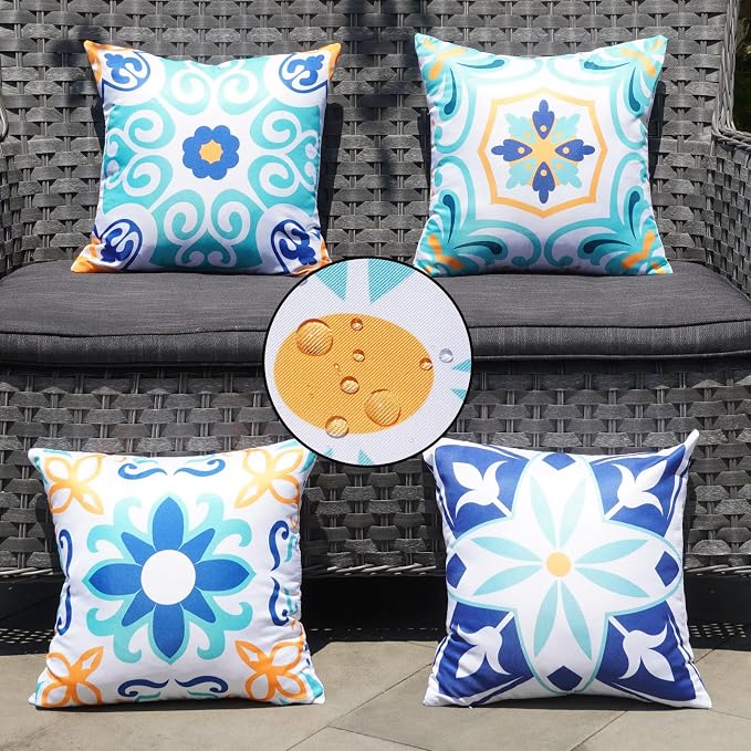 ONWAY Outdoor Boho Pillow Covers Waterproof 16x16 Set of 4 Floral Farmhouse Decorative Outdoor Throw Pillows for Bench Couch Patio Furniture Decorations