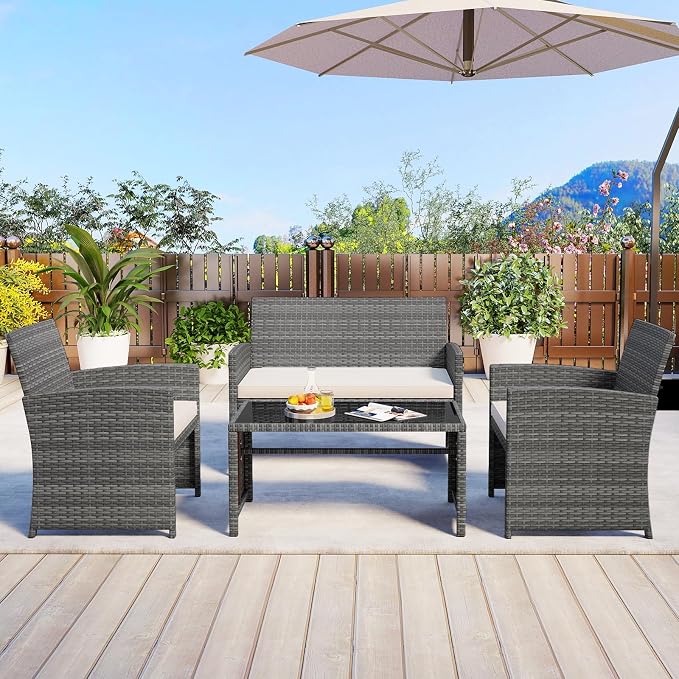 HAPPYGRILL 4 Piece Rattan Wicker Patio Conversation Set, Outdoor Furniture with Chair Loveseat Table & Cushion, for Backyard Porch Balcony (1, Off White)