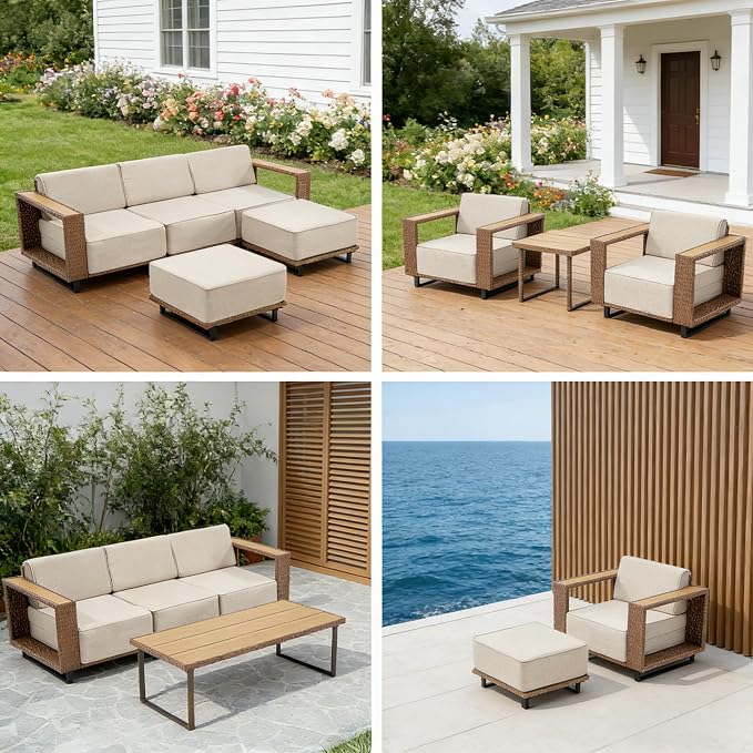 MOCHITO 7 Pieces Outdoor Patio Furniture Sets, All-Weather Sectional Sofa PE Rattan Wicker Conversation Set, Outdoor Patio sectional for Poolside, Porch, Lawn, Garden, Balcony(Beige)
