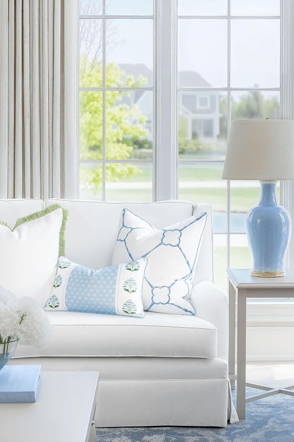 Hofdeco Premium Grandmillennial Coastal Hampton Patio Indoor Outdoor Lumbar Pillow Cover Only, 12"x20" Water Repellent for Backyard, Couch, Poolside, Blue Green Block Print Striped Lily of the Valley