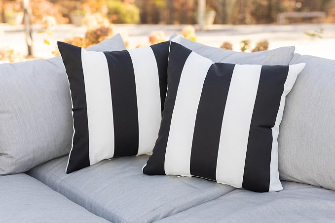 RSH DECOR Set of 6 Outdoor Pillow with Polyester Pillow Cases, Water & Fade Resistant Fabric, 17" Square, 20x12 Lumbar, 20x6 Neck Roll - Black & White Stripes