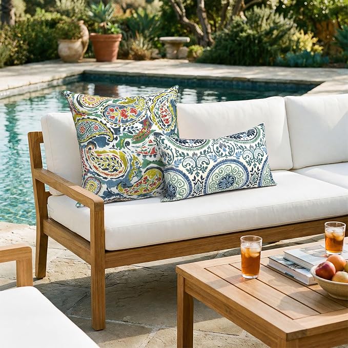 Outdoor 20x20 Inch Pack of 2 Patio Throw Pillow Covers ONLY, Water Repellent Cushion Cases, Square Pillowcases for Outdoor Couch Decoration, Paradise Paisley