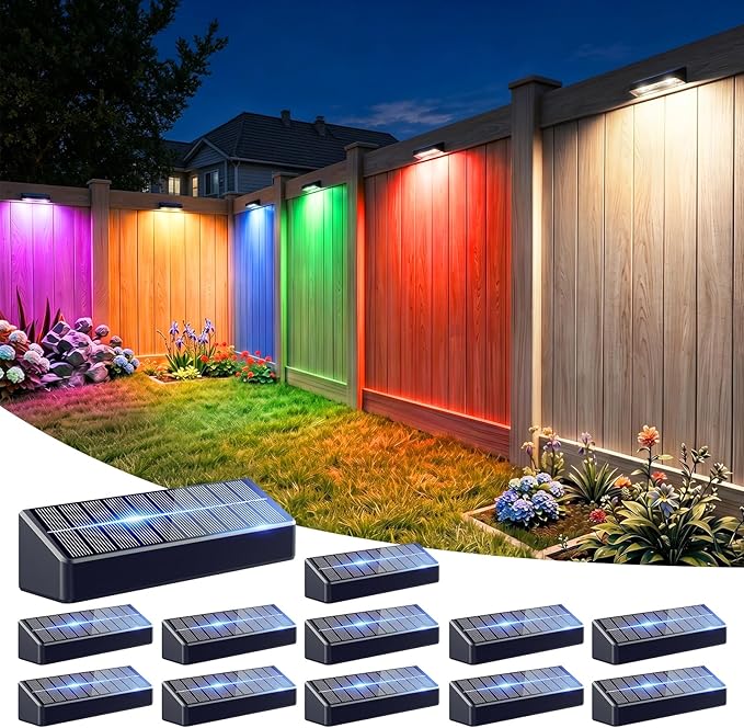 JOFIOS Fence Lights Solar Powered, 9 Fixed Colors ＆ Color Changing Solar Lights for Fence Waterproof IP65 Dusk-to-Dawn LED Deck Lighting for Patio, Railing, Pool, Porch, Backyard, Wall, 12 Pack