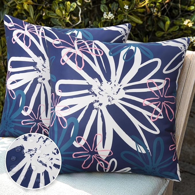 Pyonic Outdoor Waterproof Pillow Covers Pack of 2 Dahlia Water Resistant Decorative Outdoor Pillow Covers 18x18 inch Square Patio Pillows for Funiture Garden,Blue