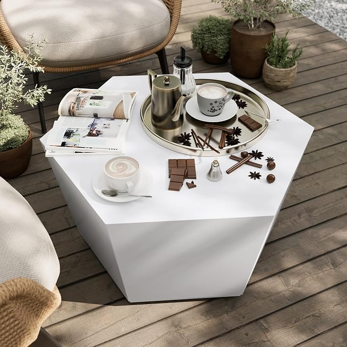 UPHA 28" Hexagon Outdoor Coffee Table, Modern Hollow Concrete Patio Table, Small Minimalist Low Accent Table for Living Room, Balcony, Deck, Backyard, Pure White