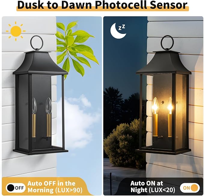 Dusk to Dawn Outdoor Wall Lantern, Black Exterior Light, 20.6" | Large Outside Wall Sconce, Modern Wall Light Fixture with Glass, Waterproof Exterior Lamp for House, Porch, Garage
