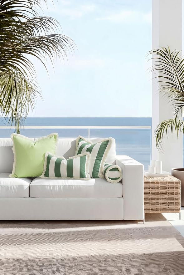 Hofdeco Premium Coastal Hampton Outdoor Performance Throw Pillow Cover Only, 20"x20" Water Repellent, UV and Fade Resistant for Backyard, Couch, Poolside, Green Woven Beach Stripes