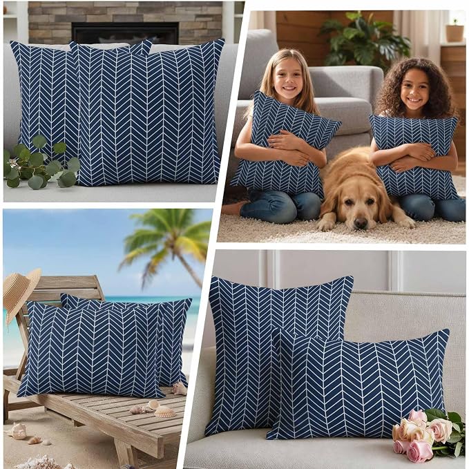 Outdoor Waterproof Throw Pillow Covers Set of 2 Navy Blue Chevron Stripes Pillowcases 16x16 Inches Modern Geometric Texture Decorative Pillows Cushion Case Patio Pillows for Couch Bed Chair Garden