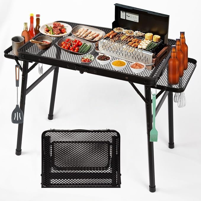 2.5 FT Picnic Table with 2 Wing Panels, Mesh Metal Folding Grill Table Height Adjustable & Lightweight & Portable Table for Outdoor Indoor Camping, Picnic, Beach and BBQ, RV