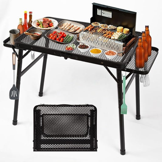 2.5 FT Picnic Table with 2 Wing Panels, Mesh Metal Folding Grill Table Height Adjustable & Lightweight & Portable Table for Outdoor Indoor Camping, Picnic, Beach and BBQ, RV