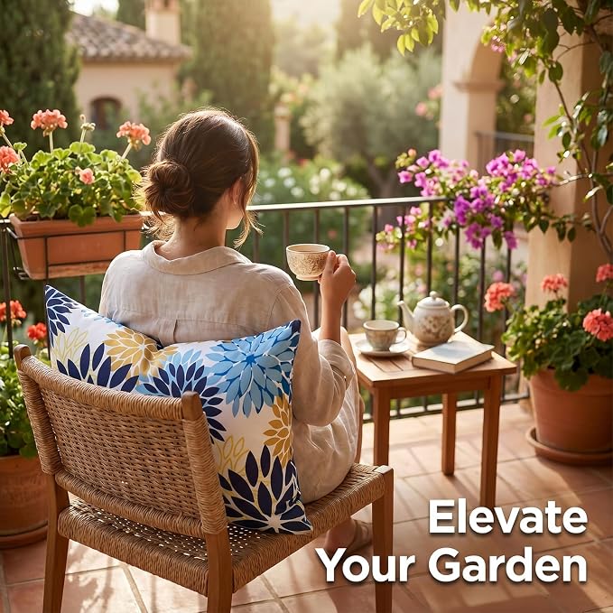 Dahlia Throw Pillow Covers 12x20 Inch Set of 2 Outdoor Pillows Waterproof Cushion Covers Decorative Pillowcases Blue and Yellow Square for Living Room Patio Garden Funiture
