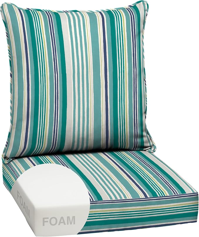 Arden Outdoor Deep Seat Cushion Set, Foam, 24x24, Teal Cobalt Stripe | Sofa, Couch, Conversation Set, Premium High-Density Foam, Never Flattens, Mold and Mildew Resistant