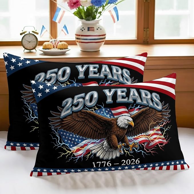 America 250 Years Eagle Outdoor Pillow Covers 20"x12" Set of 2, Independence Day Lightning Red Blue Flag Waterproof Throw Pillow Covers for Patio Furniture, Decorative Cushion Covers for Porch