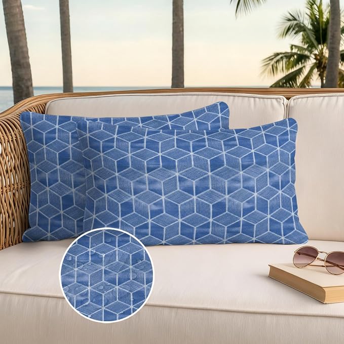 Blue Honeycomb Tiling Waterproof Outdoor Pillow Covers Set of 2 Home Decor, Wooden Grain Blocks Lumbar Pillowcase Patio Pillow Covers for Couch Bench Patio Furniture Garden 20x12in