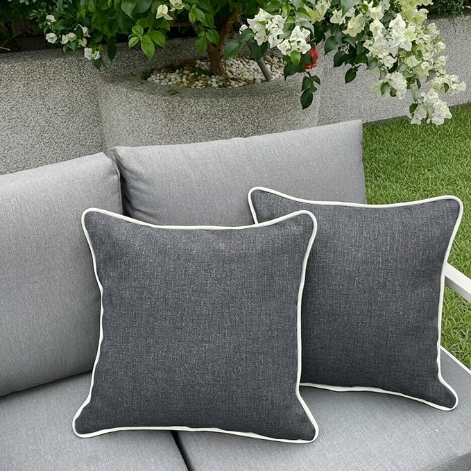 HER HWA Outdoor Pillow Covers White Piping 18"x18" Set of 2, Carbon Gray | durable fade-resistant water-resistant 100% polyester white piping smooth zipper machine washable for indoor outdoor décor