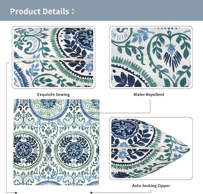 Outdoor Throw Pillow Covers 18x18 Inch, Decorative Pillow Covers for Patio Furniture, Medallion Blue Modern Cushion Cases for Garden Couch Home Sofa, Pack of 2