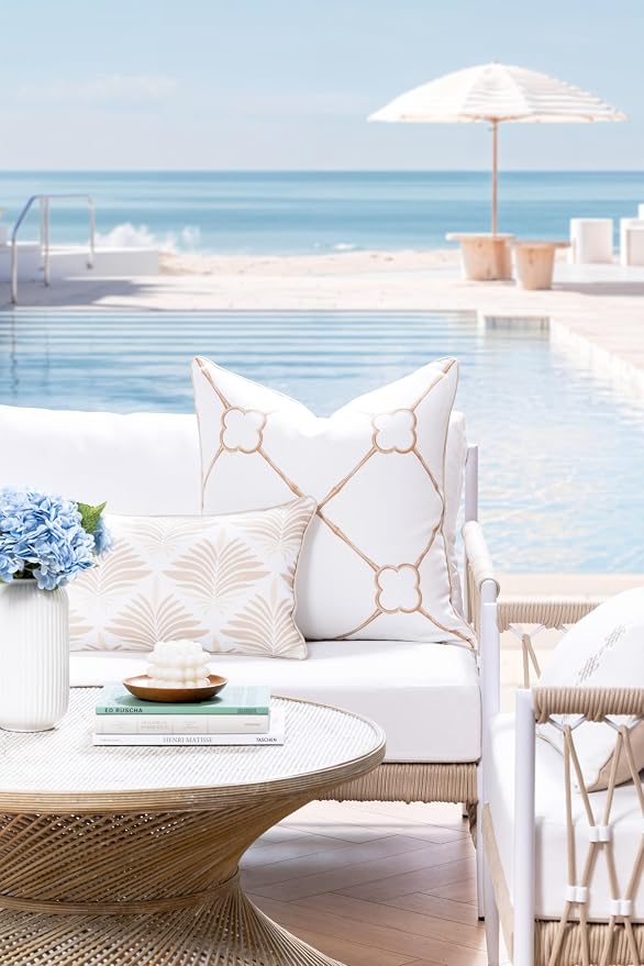 Hofdeco Premium Coastal Hampton Patio Indoor Outdoor Lumbar Pillow Cover Only, 12"x20" Water Repellent for Backyard, Couch, Poolside, Neutral Tan Print Abstract Plam Leaves