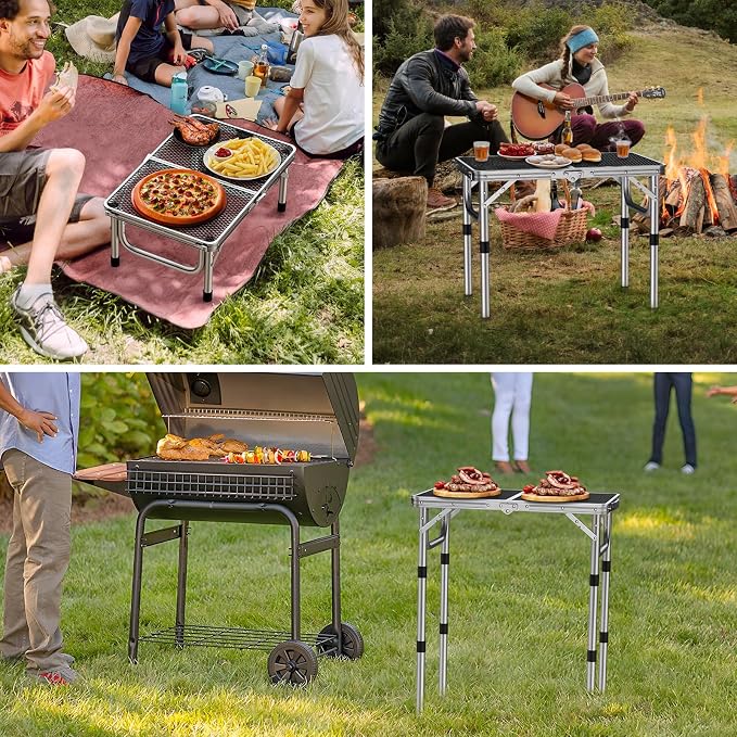 Anbte 2ft Folding Grill Table, Adjustable Height Max 27.5" Aluminum Camping Table, Heat-Resistant Tabletop, Lightweight, Portable Handle for Travel Cooking BBQ Picnic, 22.8" x 16", Silver