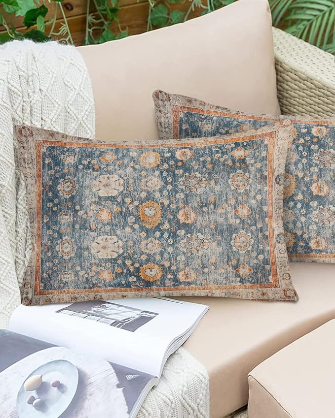 Outdoor Waterproof Pillow Covers Set of 2, Meddle Century Vintage Flowers Mural Pattern Patio Throw Pillow Covers, Decorative Cushion Case for Couch Sofa Furniture Garden, 20x12 Inch