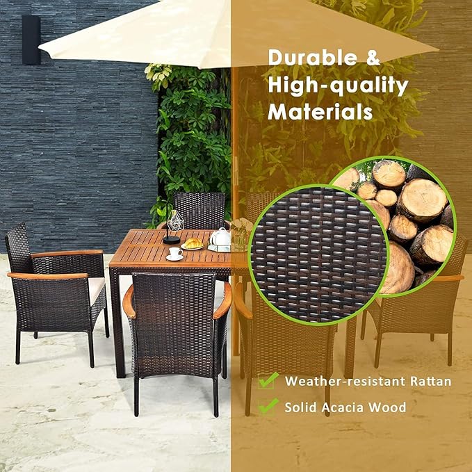 HAPPYGRILL 7-Piece Rattan Patio Dining Set Outdoor Wicker Dining Set with Umbrella Hole, Removable Cushions, Table & Chairs Set with Acacia Wood Table Top
