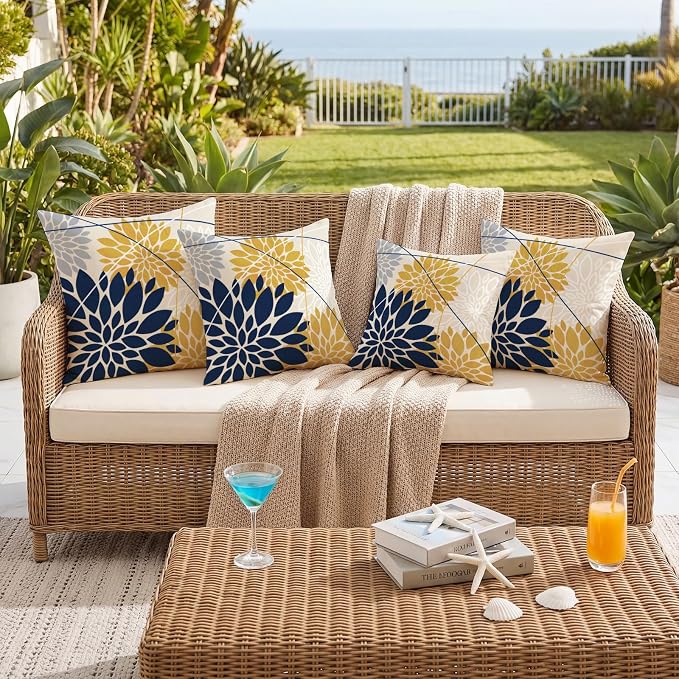 OTOSTAR Outdoor Dark Blue Yellow Pillow Covers 18x18 Inch Set of 2 Light Grey Flower Throw Pillows Geometric Dahlia Floral Square Cushion Case Waterproof Decor for Sofa Patio Funiture Garden