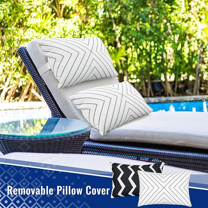 Juexica 2 Pack Chaise Lounge Pillow with Strap Outdoor Waterproof Beach Chair Neck Headrest Pillow Adjustable Elastic Band for Hammock Lumbar Recliner Pillows for Patio Pool Chair(Classic Black White)