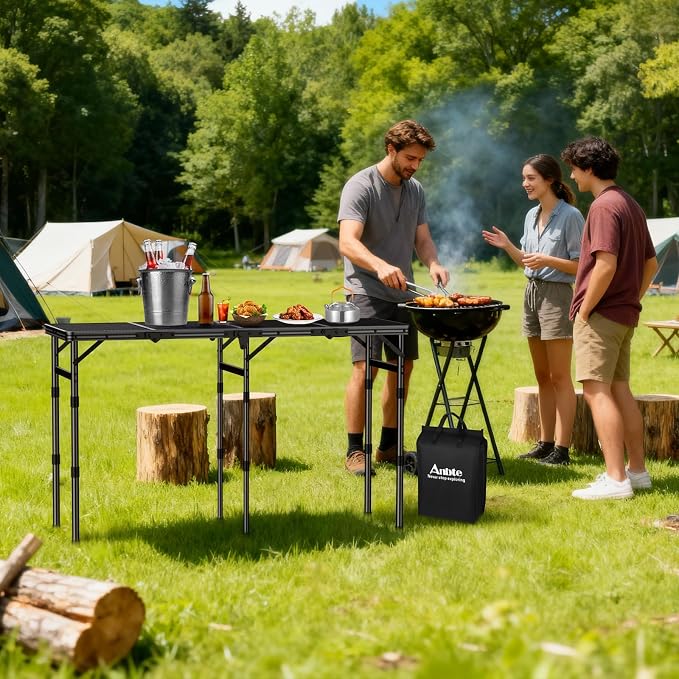 Anbte 4 ft 4-Fold Portable Grill Table, 3 Adjustable Height Max 27.5" | Aluminum, Heat-Resistant Mesh Tabletop, Portable Handle, Waterproof, for Outdoor Cooking Patio BBQ Picnic, Black