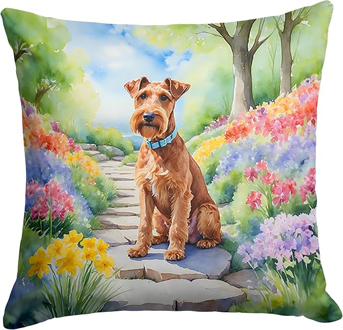 Caroline's Treasures Irish Terrier Spring Path Throw Pillow Machine Washable, Indoor Outdoor Decorative Pillow for Couch, Bed or Patio, 14Hx14W