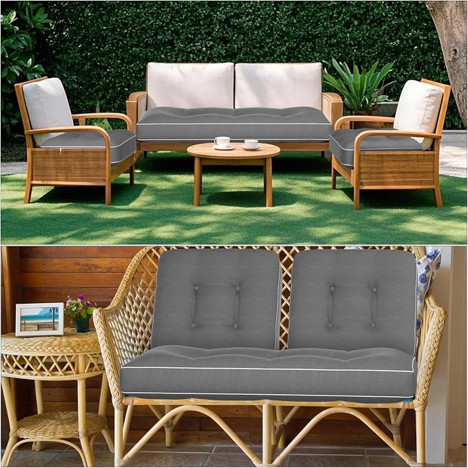 Wenqik 48 x 19 x 4 Inch Outdoor Bench Cushion Set of 3 Waterproof Tufted 1 Patio Loveseat Cushions and 2 Square Chair Seat Pad for Outdoor Furniture Couch Swing Sofa Wicker Settee(Gray)