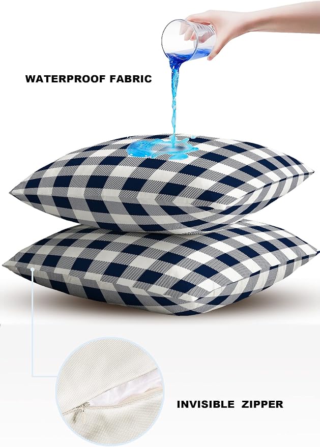 Outdoor Waterproof Throw Pillow Covers Set of 2 Buffalo Plaid Dark Blue Check Pillowcases 26x26 Inches Farmhouse Style Patio Decorative Pillows Cushion Case Patio Pillows for Couch Bed Chair Garden