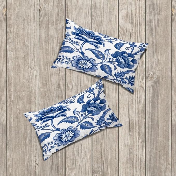 Set of 2 Blue and Ivory Indigo Floral Cushion Cover Case with Zipper 12x20in Canvas Pillow Cover Rectangle Pillow Case for Couch Bed Car Pub Coffee Bar Living Room Decoration
