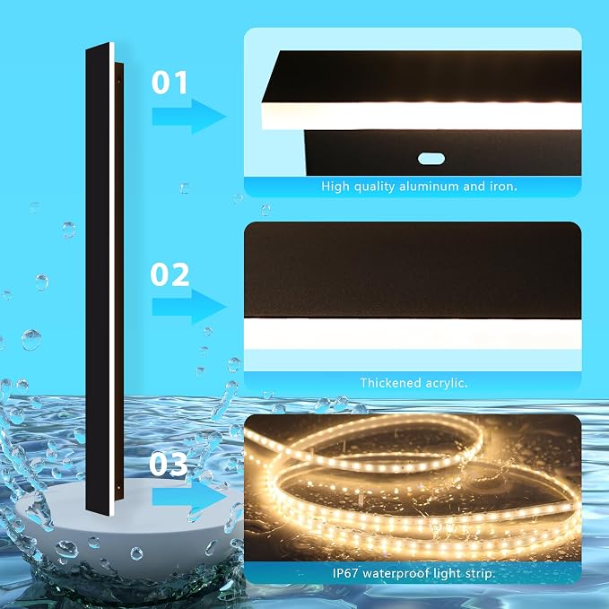 Outdoor Wall Light LED Long Wall Sconce 23.63in Ip65 Waterproof Black Modern Outdoor Lights 3000k 20W Metal Exterior Light Fixture For Porch Light Patio Front Door Yard Garden Villa Living Room