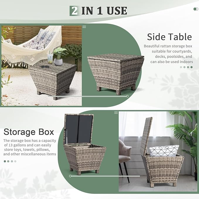 Ochine Outdoor Wicker Storage Side Table, Outdoor Wicker Side Table with Storage, Patio Brown PE Rattan End Table with Storage, Square Container for Furniture Covers, Gardening Tools, etc