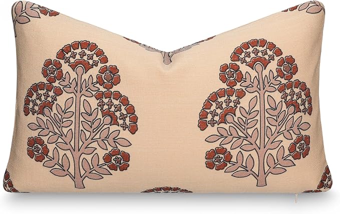 Crumbs Home Modern Farmhouse California Casual Indoor Outdoor Lumbar Pillow Cover, 12"x20" Water Repellent for Patio, Backyard, Couch, Earth Tone Tan Rust Orange Block Print Hydrangea Flowers