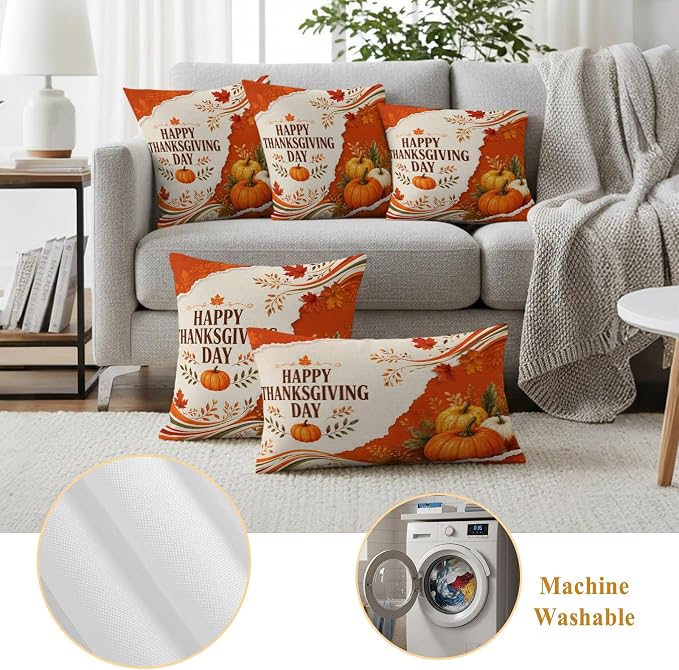 Fall Thanksgiving Waterproof Outdoor Pillow Covers 18''x18'' Set of 2, Maple Leaves Orange Pumpkins Patio Furniture Cushion Covers for Chairs, Decorative Farmhouse Pillow Cases for Garden/Pool/Beach