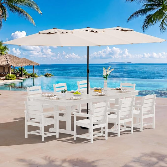SERWALL 10 Piece Outdoor Dining Set with 15ft Triple-Head Foldable Umbrella(Based not Included), 84" HDPE Outdoor Table and Chairs for 8, White