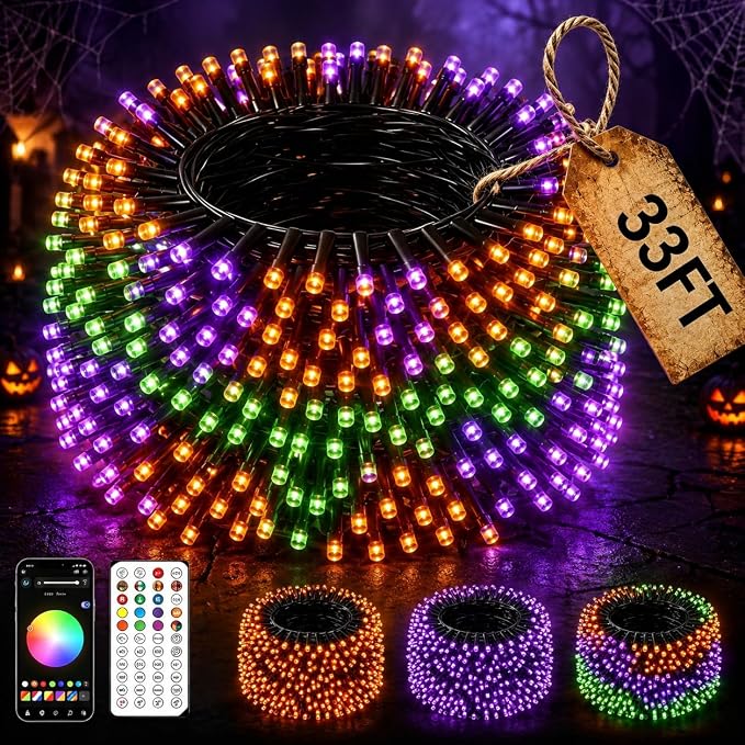 Smart 33ft 66 LED Christmas Halloween Fairy String Lights | App & remote DIY color changing orange, purple & RGB twinkle glow; ideal for indoor or outdoor whole house holiday decor.