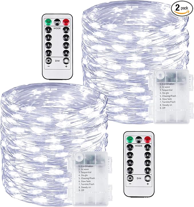 2 Pack 200 LED Fairy Lights Battery Operated with Remote, 66 FT Cool White | Cuttable, 8 Modes, Memory, Dimmable, Waterproof Battery String Lights with Timer for Indoor Outdoor, Christmas Decorations