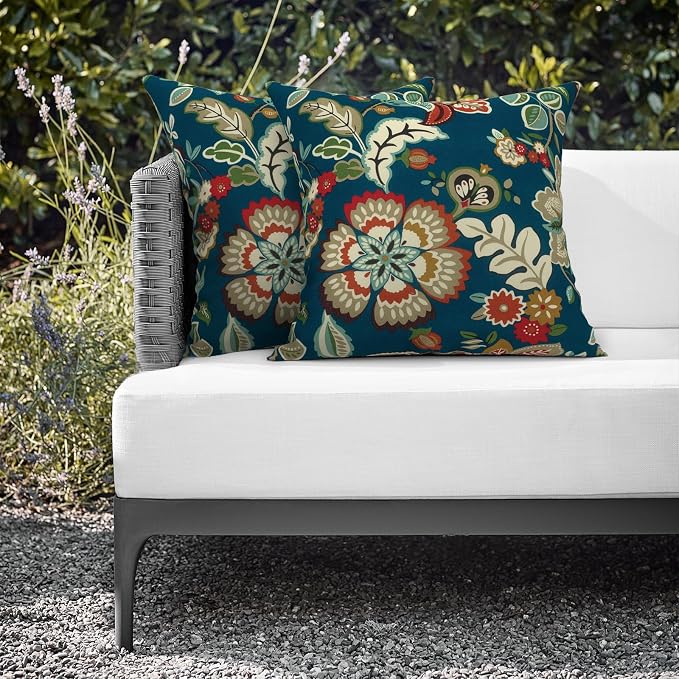 Outdoor Throw Pillows 16x16 Inch, Water Repellent Patio Pillows with Inners Set of 2 for Patio Furniture Home Garden, Peacock Blue