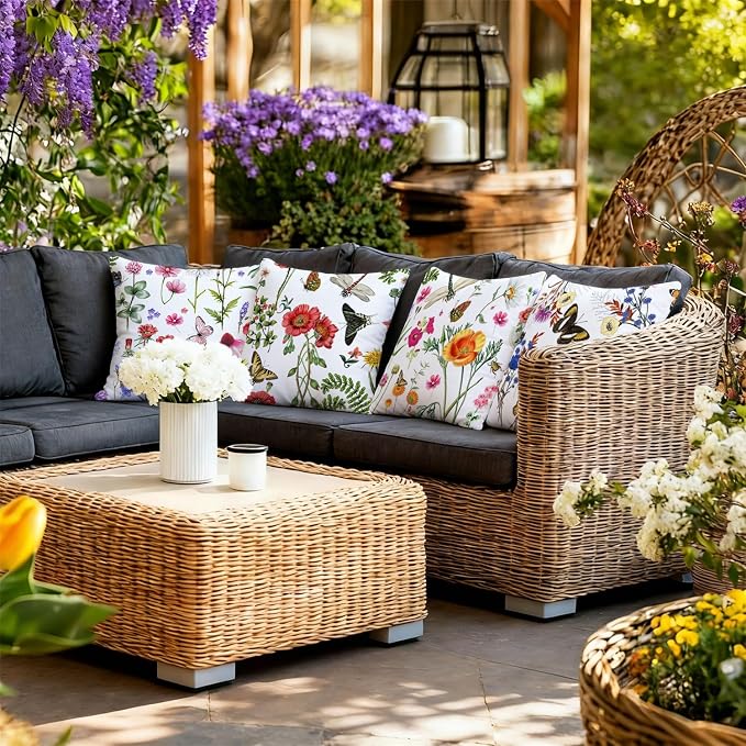 NIGHTWISH Outdoor Waterproof Pillow Covers 16x16 Set of 4 Spring Summer Floral Decorative Outdoor Throw Pillows Farmhouse Cushion Cases for Patio Furniture Bench Couch Sunbrella