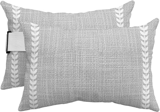 Vintage Gray Outdoor Lumbar Pillows 11x16 Set of 2, Modern Simple Vertical Stripes Leaf Grey Waterproof Throw Pillow Covers with Insert, Decorative Pillowcase Cushion for Couch Sofa Bed