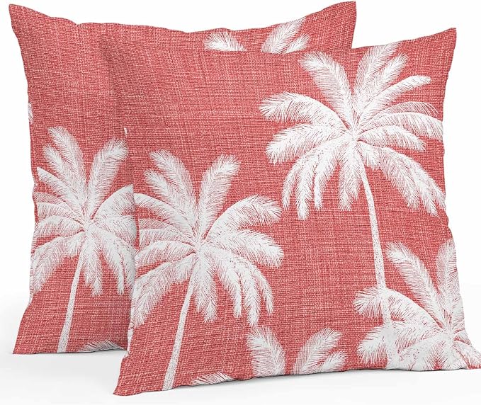 Outdoor Pillow Covers 16x16 Inch Set of 2, Coral Red Palm Trees Waterproof Throw Pillow Covers, Farmhouse Tropical Summer Beach Decorative Cushion Pillowcases for Couch, Sofa, Bed, Garden, Patio