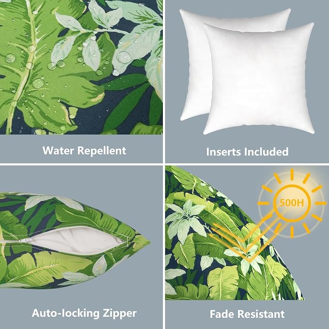 LVTXIII 2 Pack Outdoor Pillows 18x18 Inch, Square Throw Pillows with Inserts, Decorative Water-Repellent Pillow Cushions for Patio Furniture and Garden Sofa, Jungle Leaves