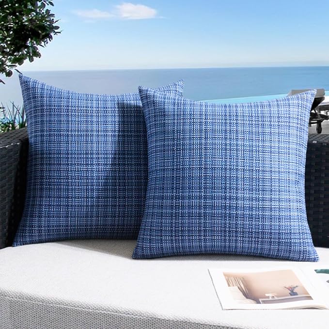 UGASA Outdoor Waterproof Throw Pillow Covers Pack of 2 Patio Water Resistant Pillow Cases Summer Woven Texture Decorative for Outside Garden Porch Yard Bench Tent 20x20 Inch, Navy Blue