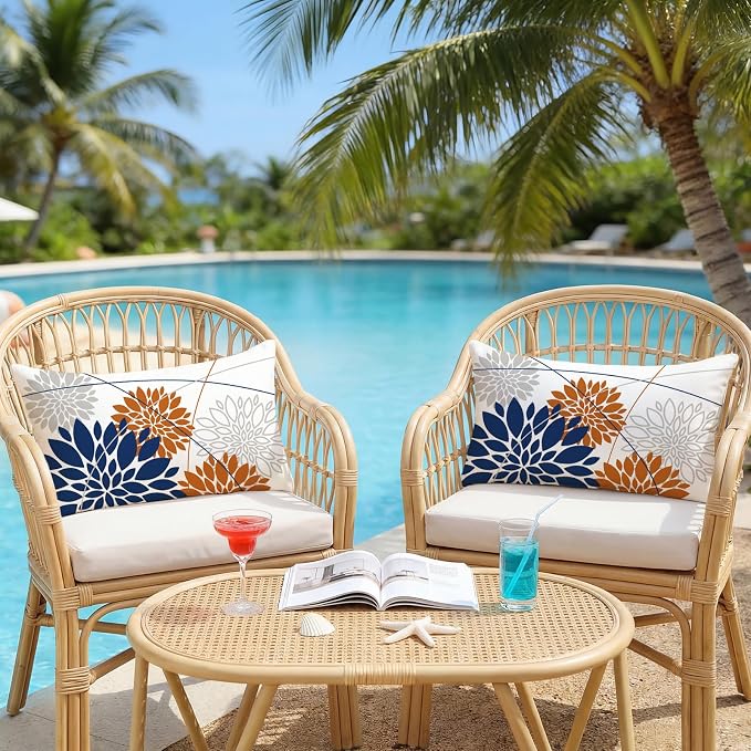 OTOSTAR Outdoor Dark Blue Orange Pillow Covers 12x20 Inch Set of 2 Beige Flower Throw Pillows Farmhouse Geometric Dahlia Floral Lumbar Cushion Case Waterproof Decor for Sofa Patio Funiture Garden