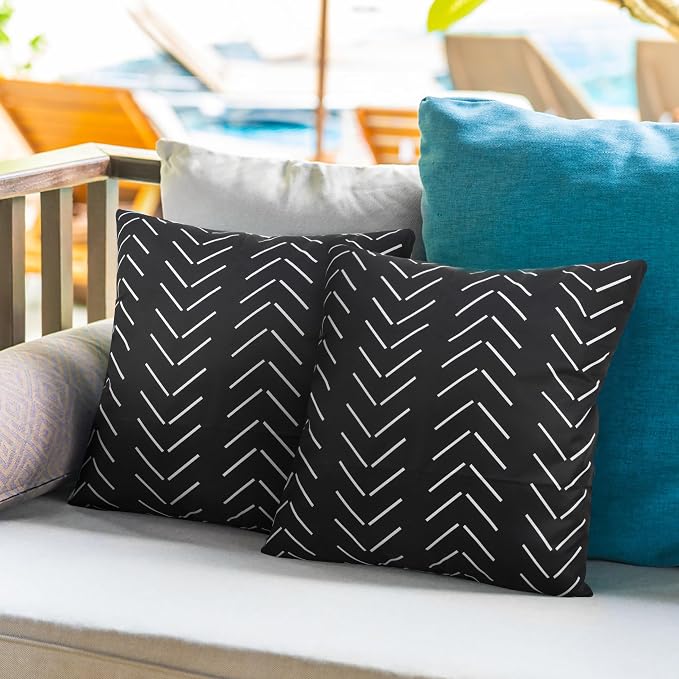 Adabana Geometric Waterproof Outdoor Pillow Covers 16x16 Black and White | Set of 2 Waterproof Design for Patio, Porch, Garden and Beach Decor