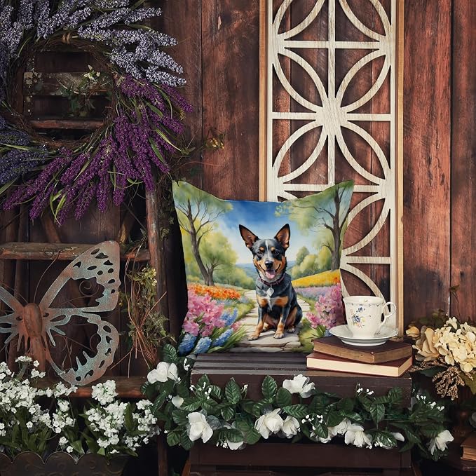 Caroline's Treasures Australian Cattle Dog Spring Garden Throw Pillow Machine Washable, Indoor Outdoor Decorative Pillow for Couch, Bed or Patio, 14Hx14W